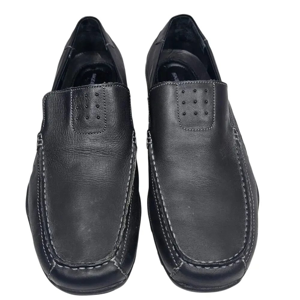 Skechers Men's Black Leather Square Toe Slip-On Comfort Shoes #61190 Size 12